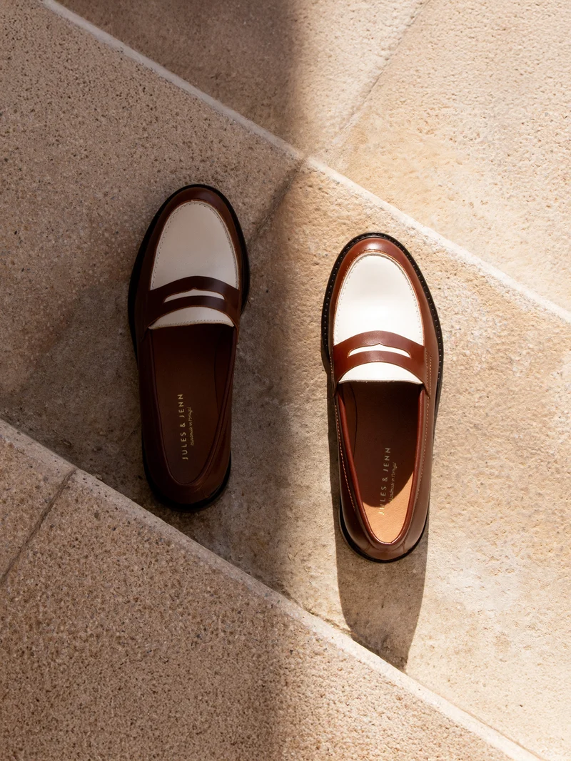 Mocassins cuir cognac blanc