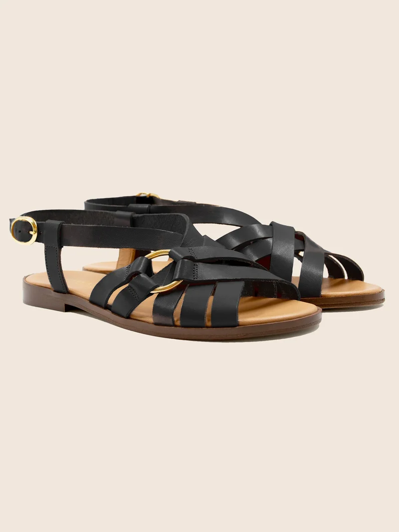 Sandales plates anneau cuir noir