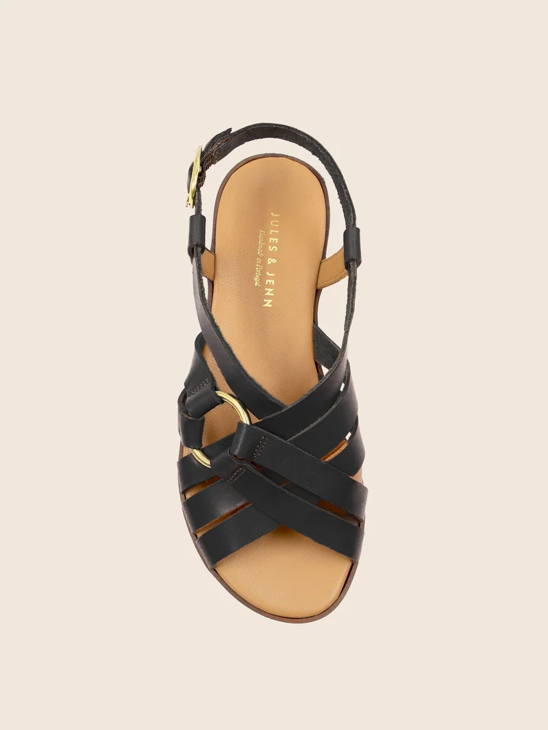 Sandales plates anneau cuir noir