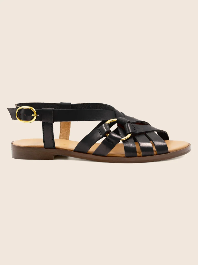 Sandales plates anneau cuir noir
