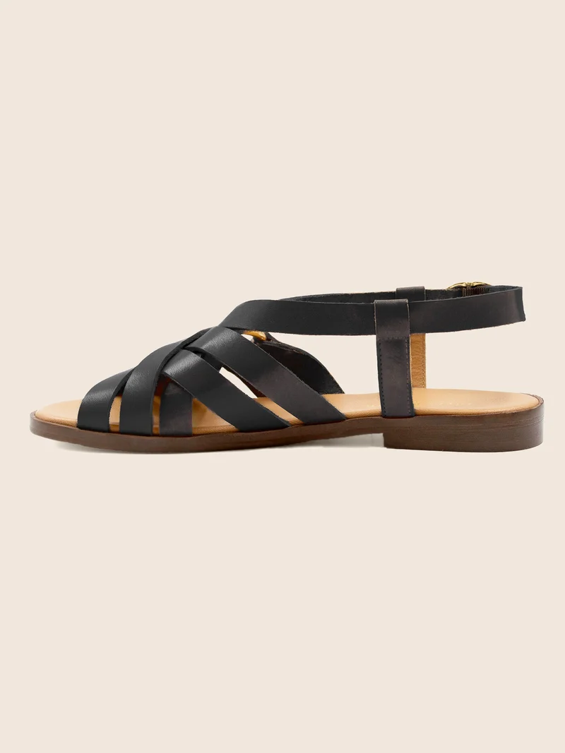 Sandales plates anneau cuir noir