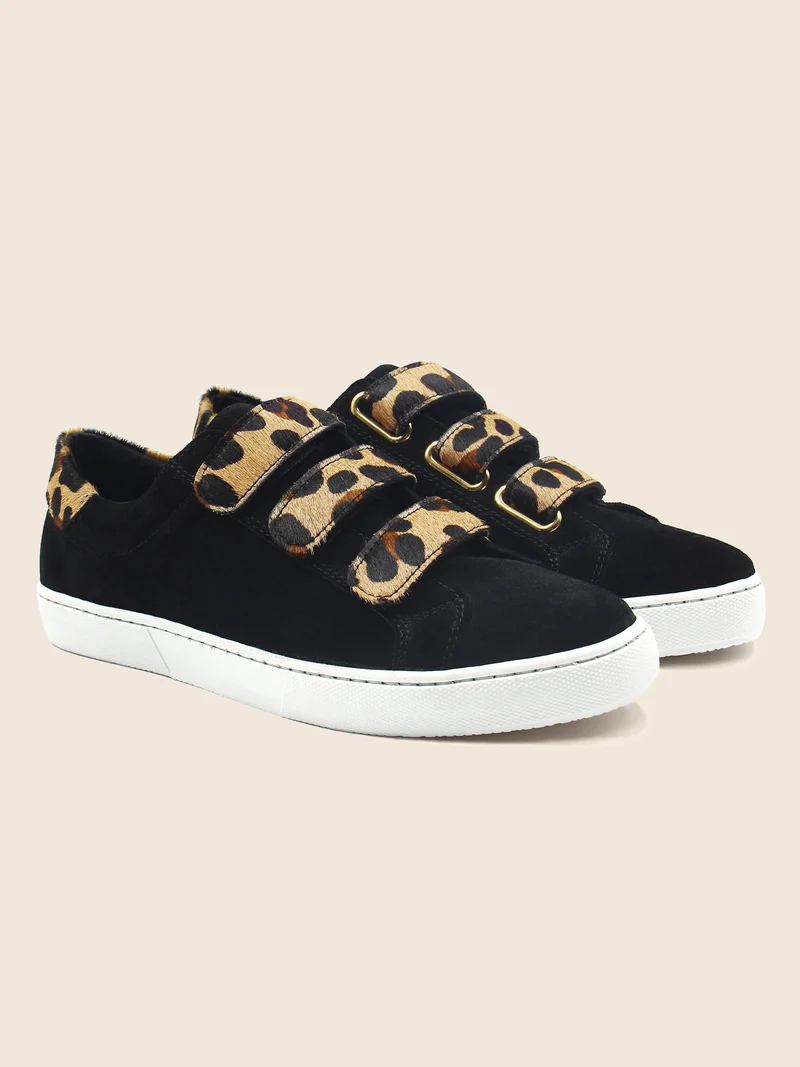 Baskets scratch cuir daim noir léopard