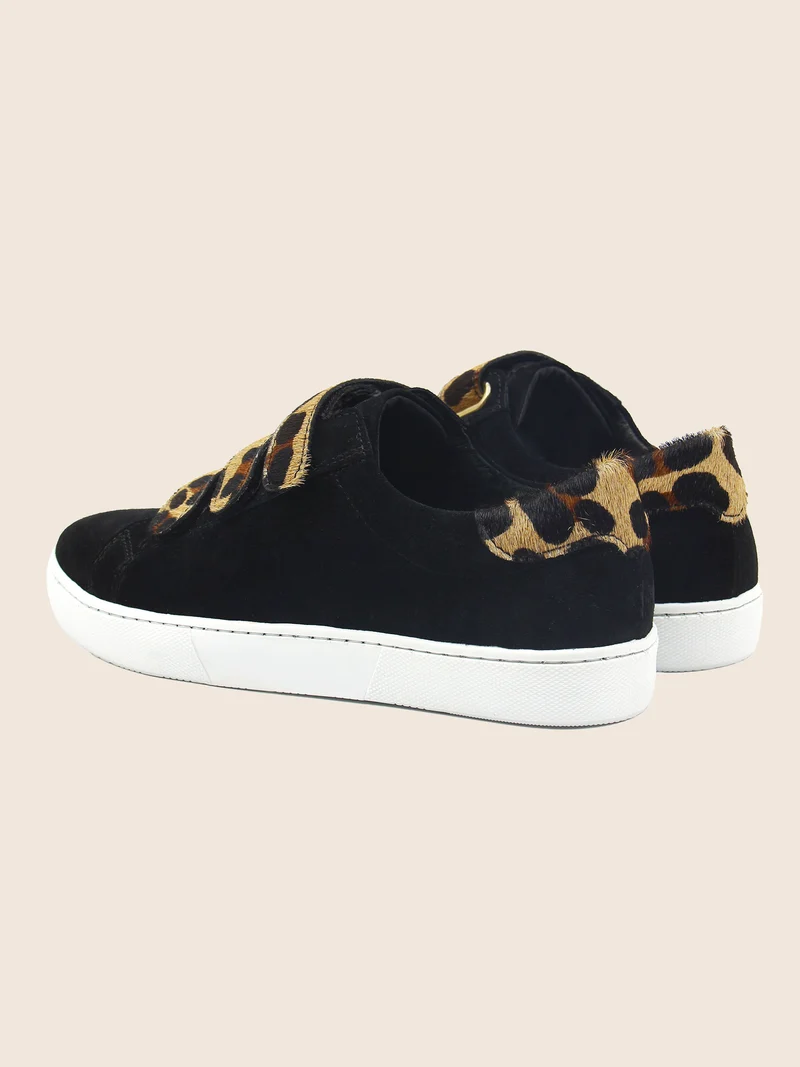 Baskets scratch cuir daim noir léopard
