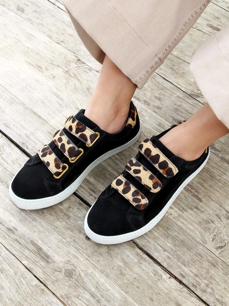 Baskets scratch cuir daim noir léopard