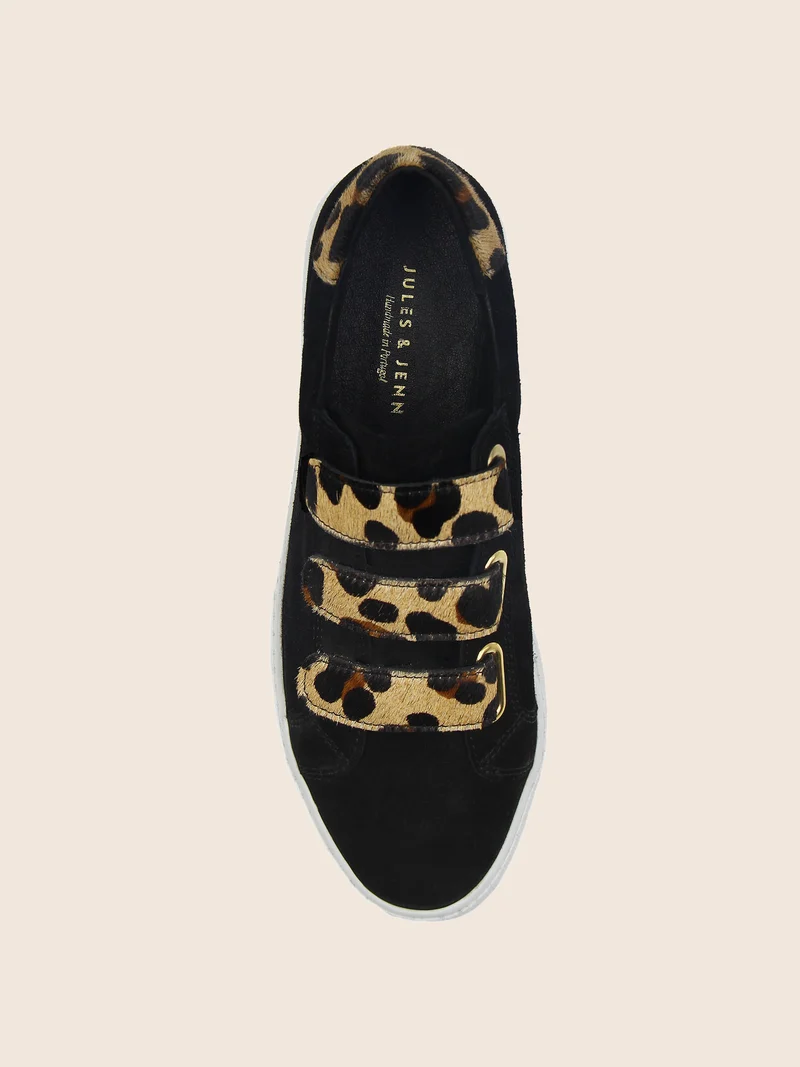 Baskets scratch cuir daim noir léopard