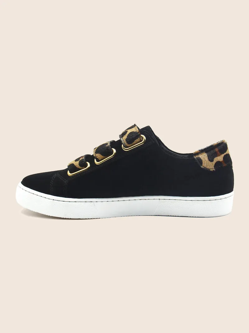 Baskets scratch cuir daim noir léopard