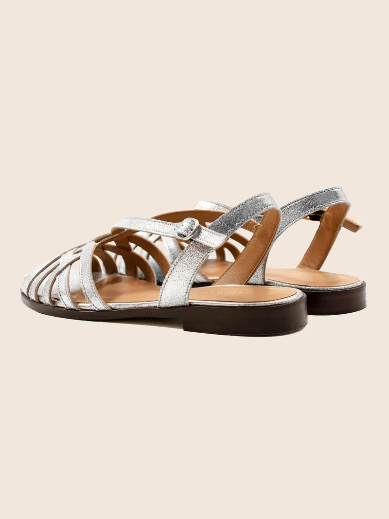 Sandales plates brides cuir argenté