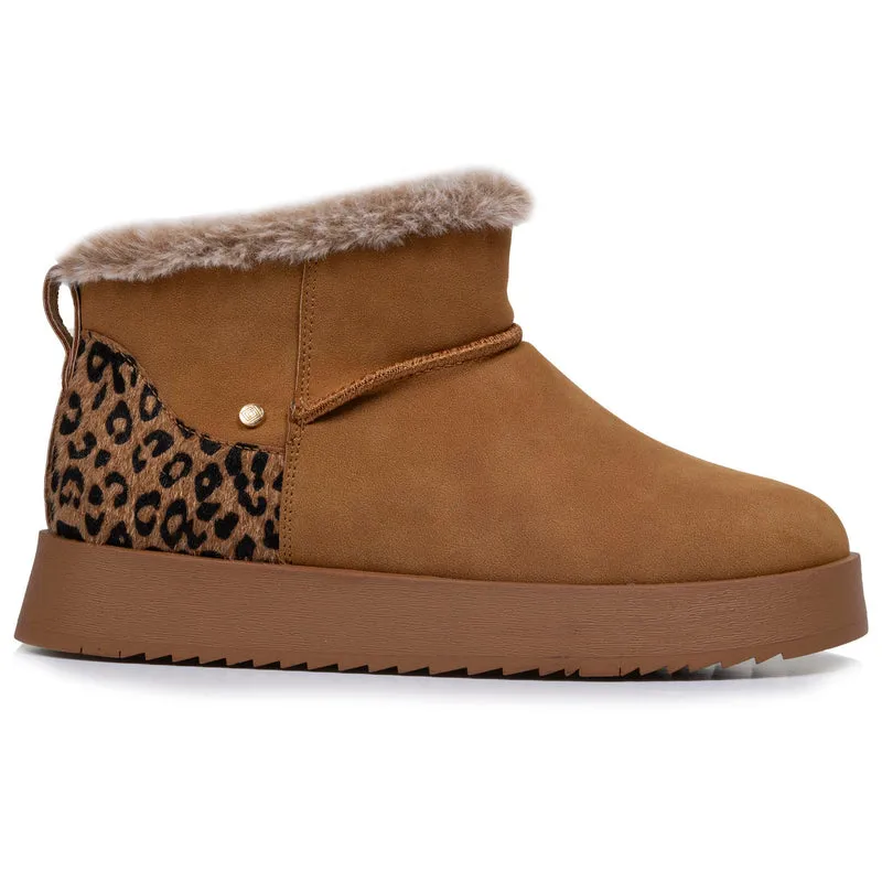 Bottines Femme imitation fourrure Camel Léopard