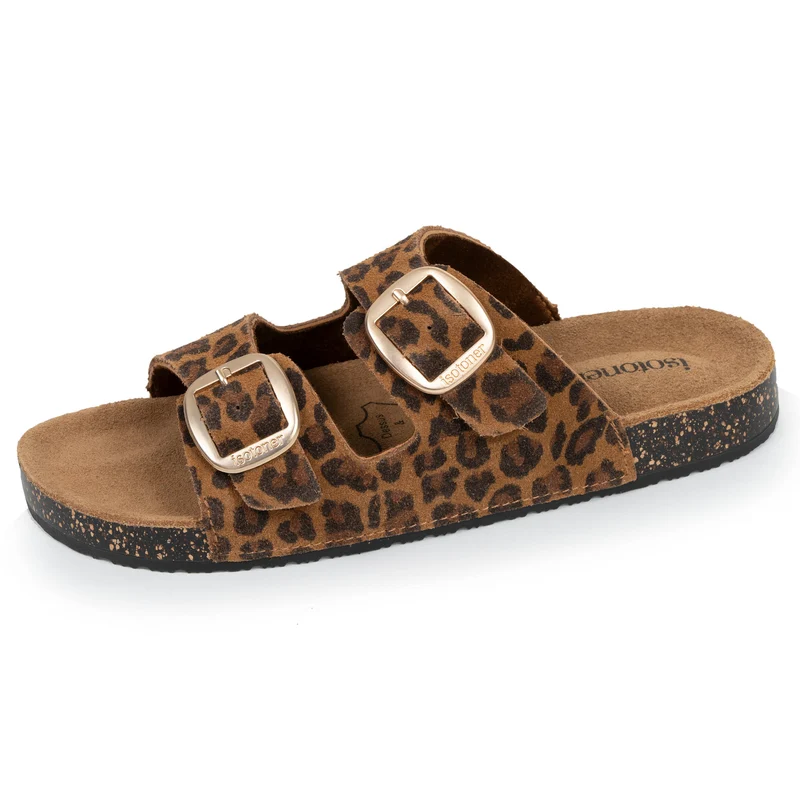 Mules sandales Femme Double Bride cuir camel Léopard