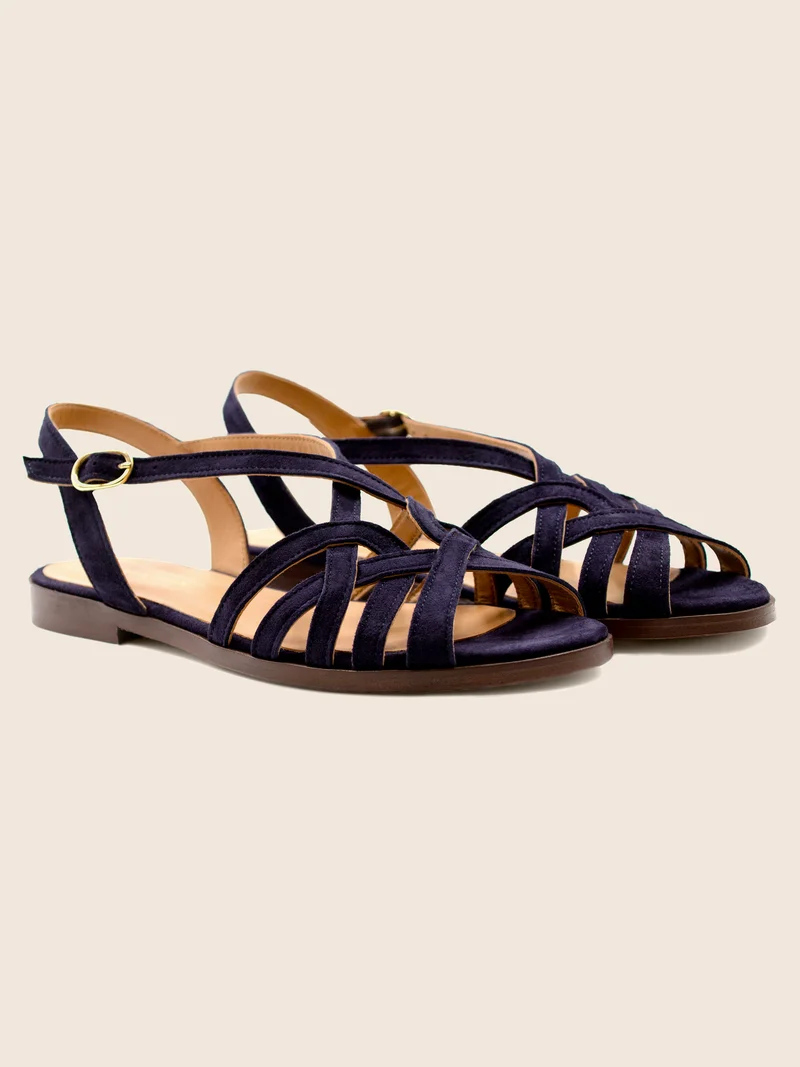 Sandales plates brides cuir daim bleu