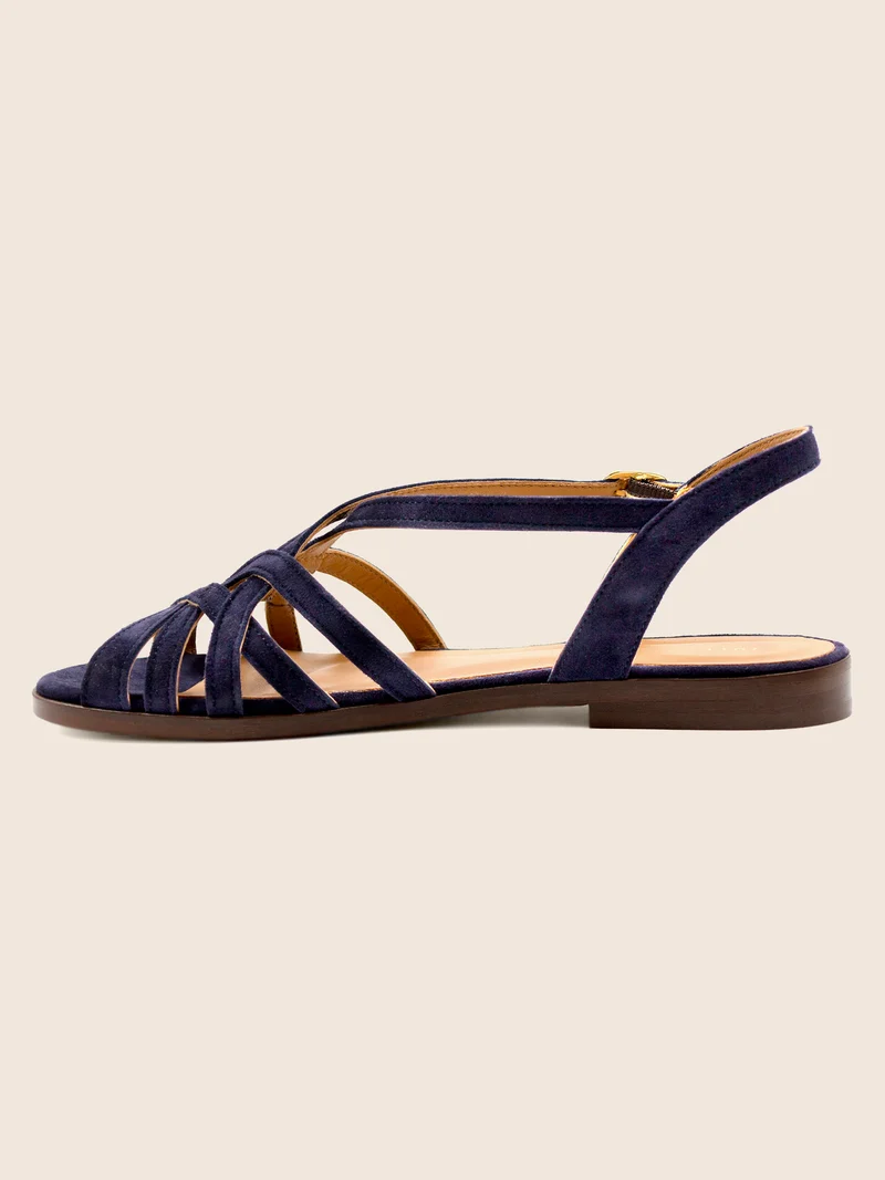 Sandales plates brides cuir daim bleu