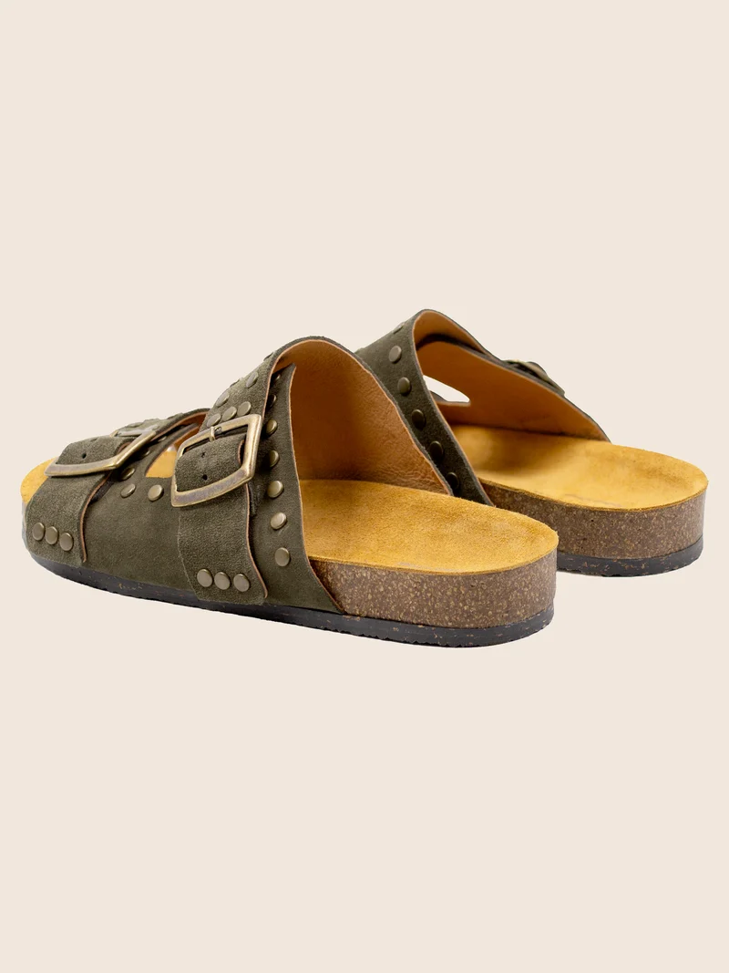 Mules liège clous cuir daim kaki