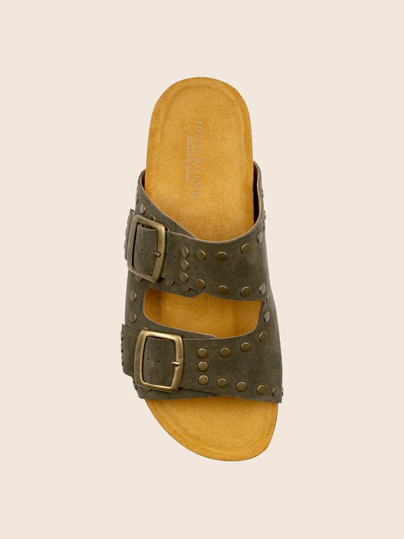 Mules liège clous cuir daim kaki