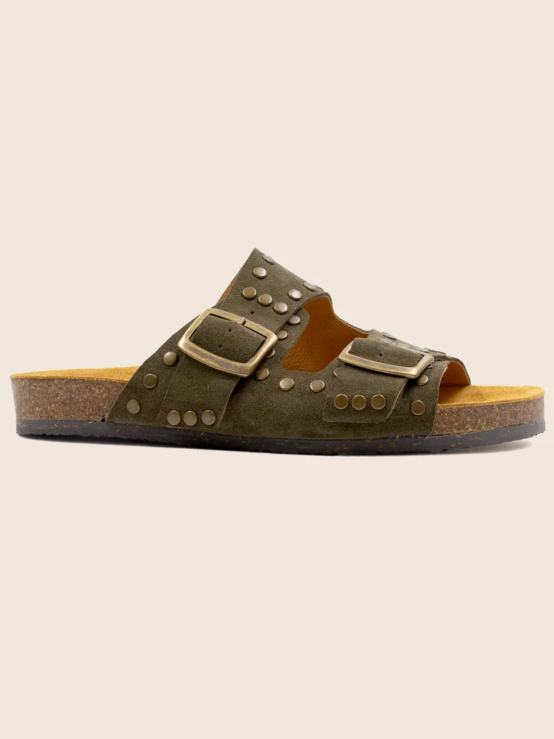 Mules liège clous cuir daim kaki