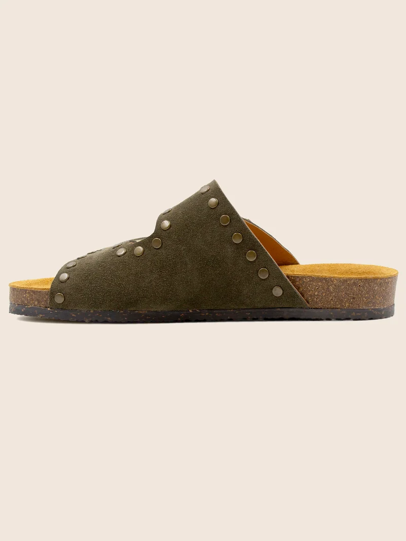 Mules liège clous cuir daim kaki