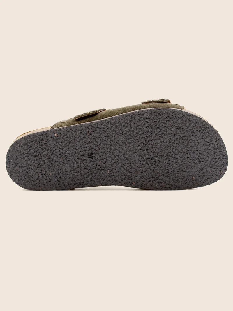 Mules liège clous cuir daim kaki