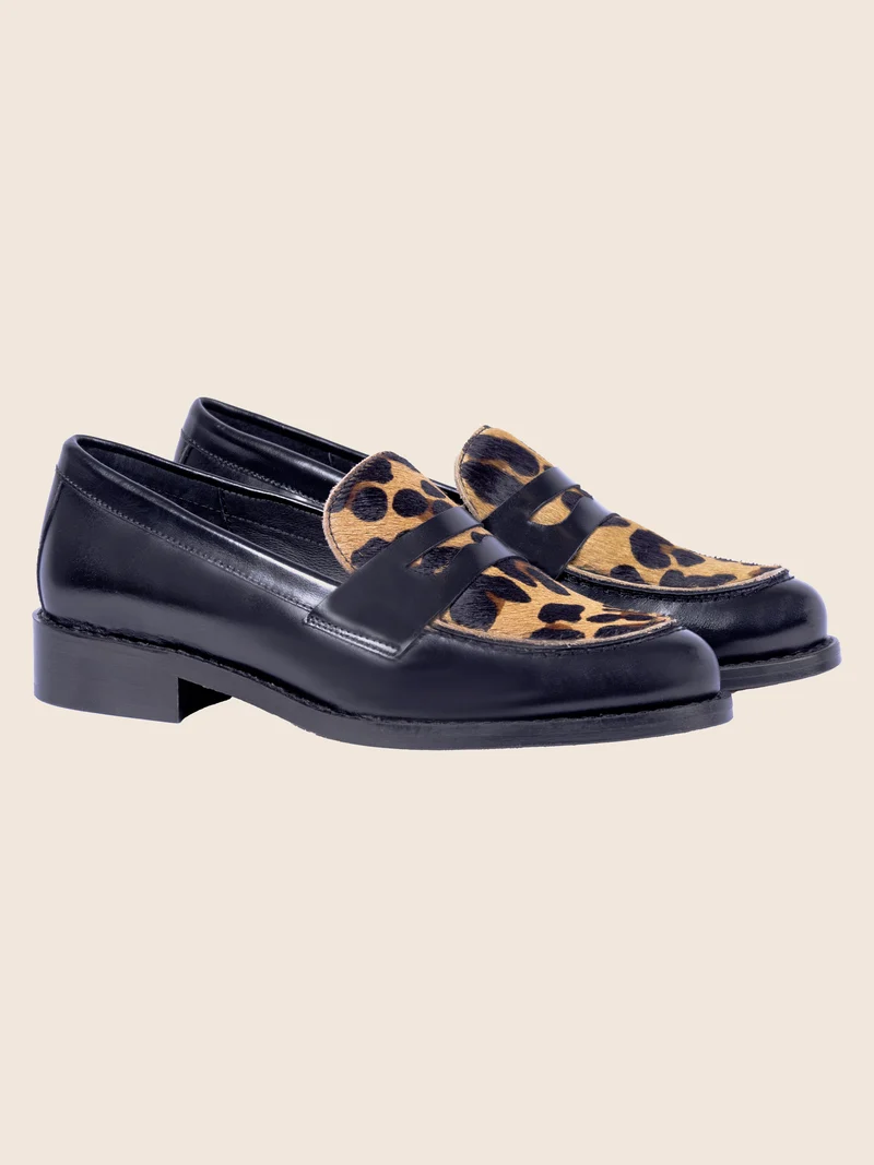 Mocassins cuir noir léopard