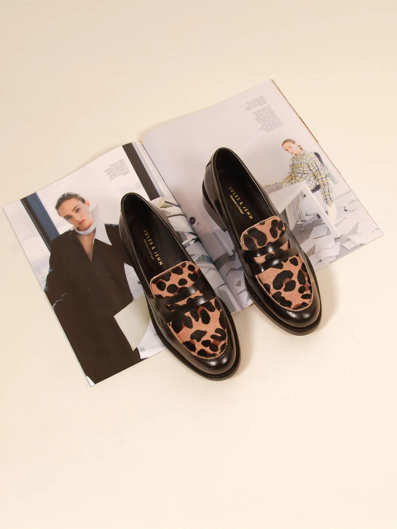 Mocassins cuir noir léopard