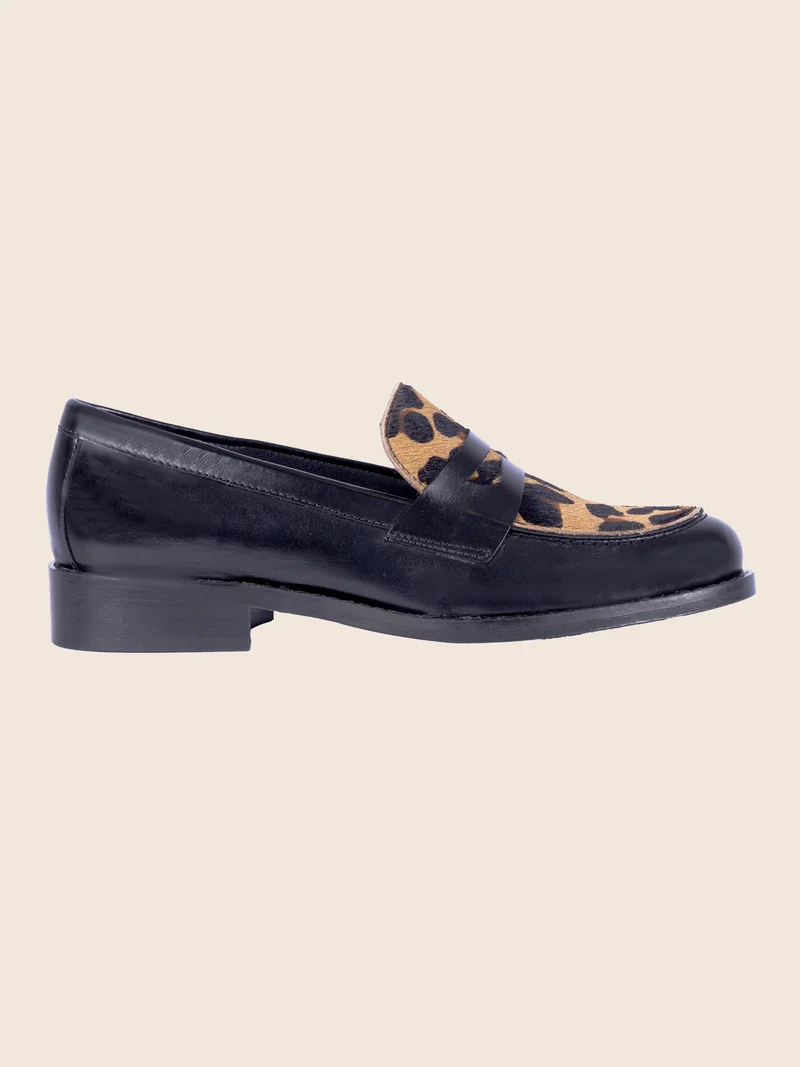 Mocassins cuir noir léopard