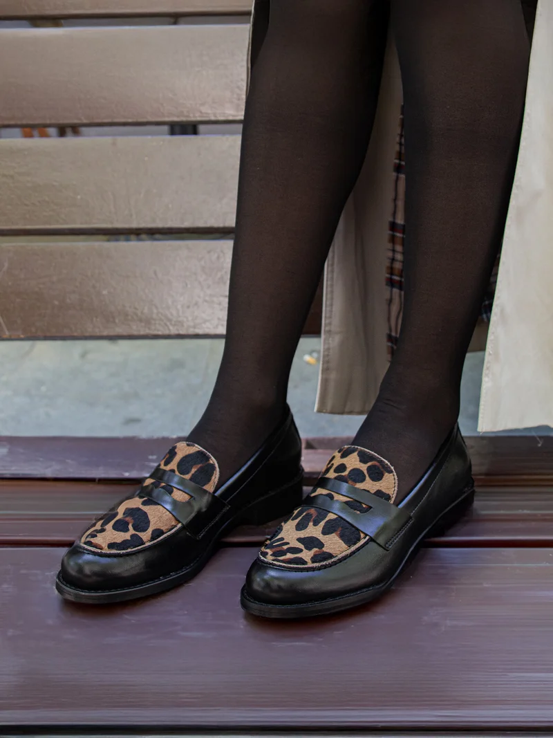 Mocassins cuir noir léopard