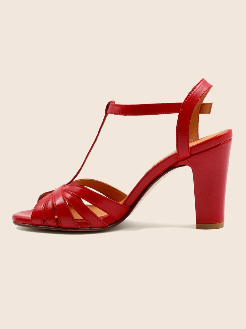 Sandales talon brides cuir rouge