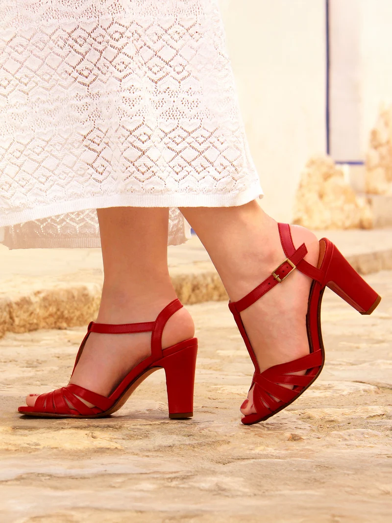 Sandales talon brides cuir rouge