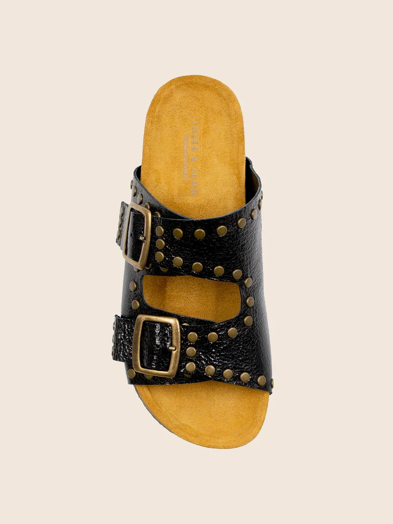 Mules liège clous cuir métallisé noir