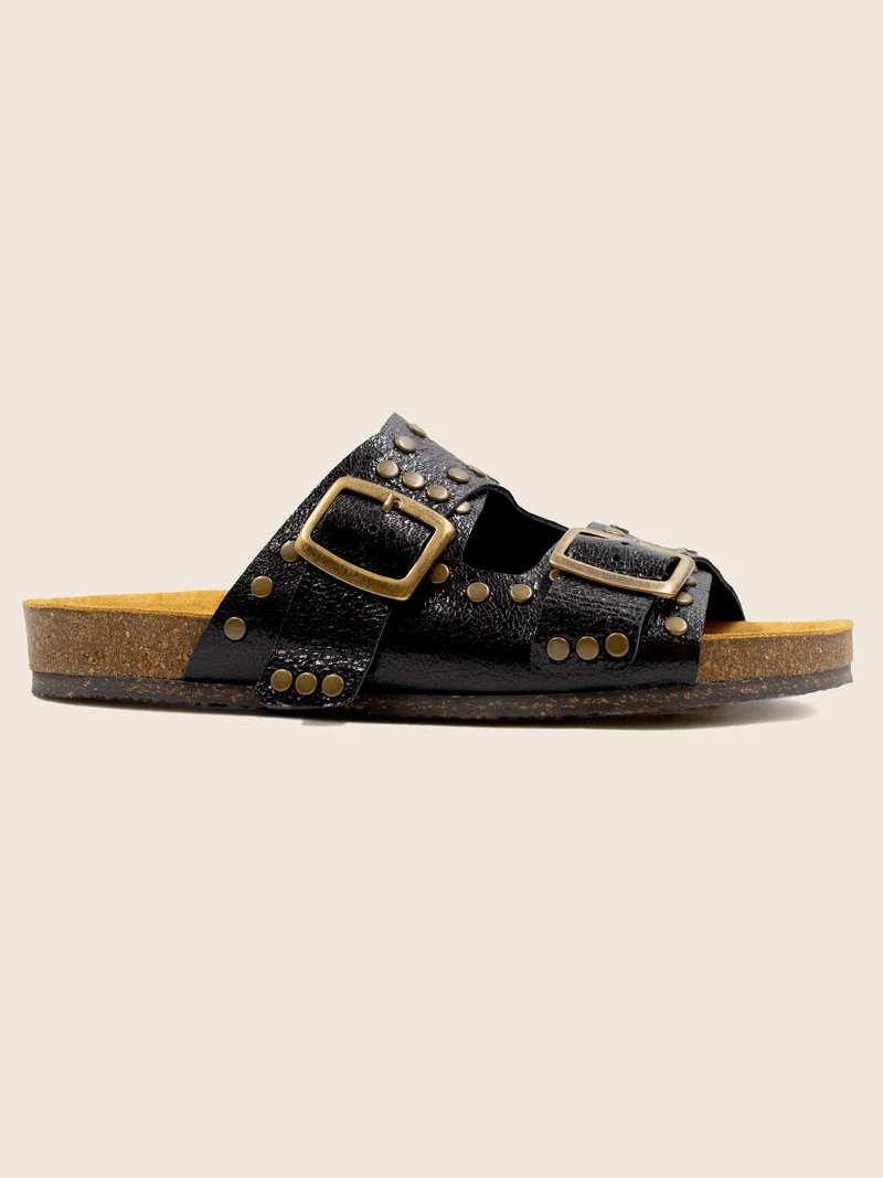 Mules liège clous cuir métallisé noir