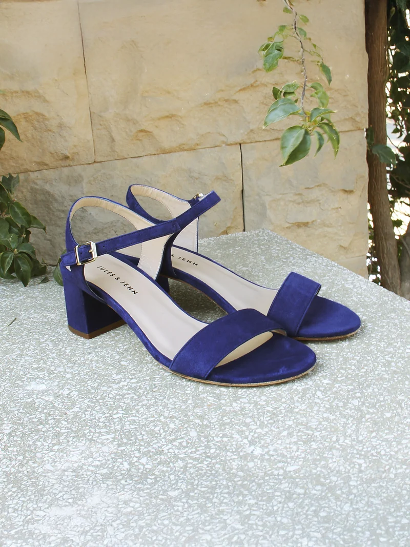 Sandales moyen talon cuir daim bleu