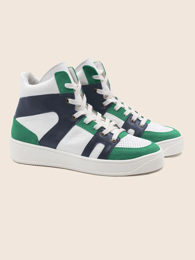 Baskets montantes cuir blanc bleu