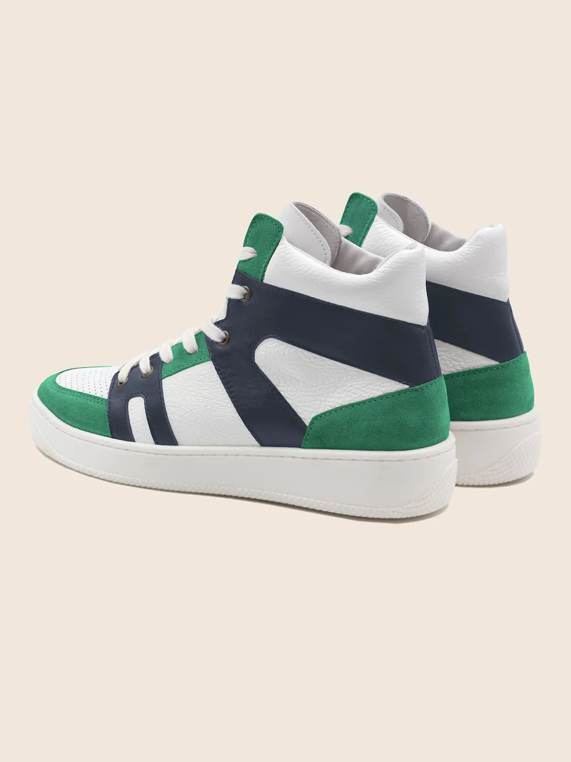 Baskets montantes cuir blanc bleu