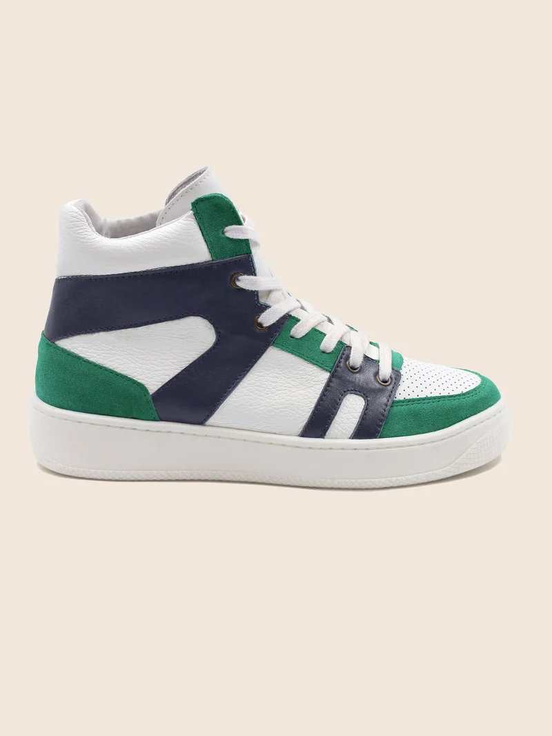 Baskets montantes cuir blanc bleu