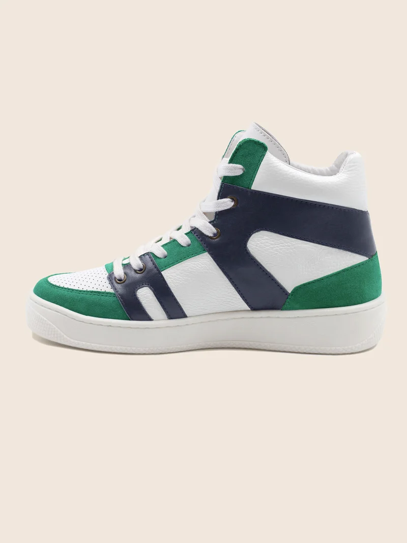 Baskets montantes cuir blanc bleu
