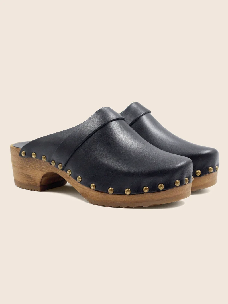 Sabots bois cuir noir