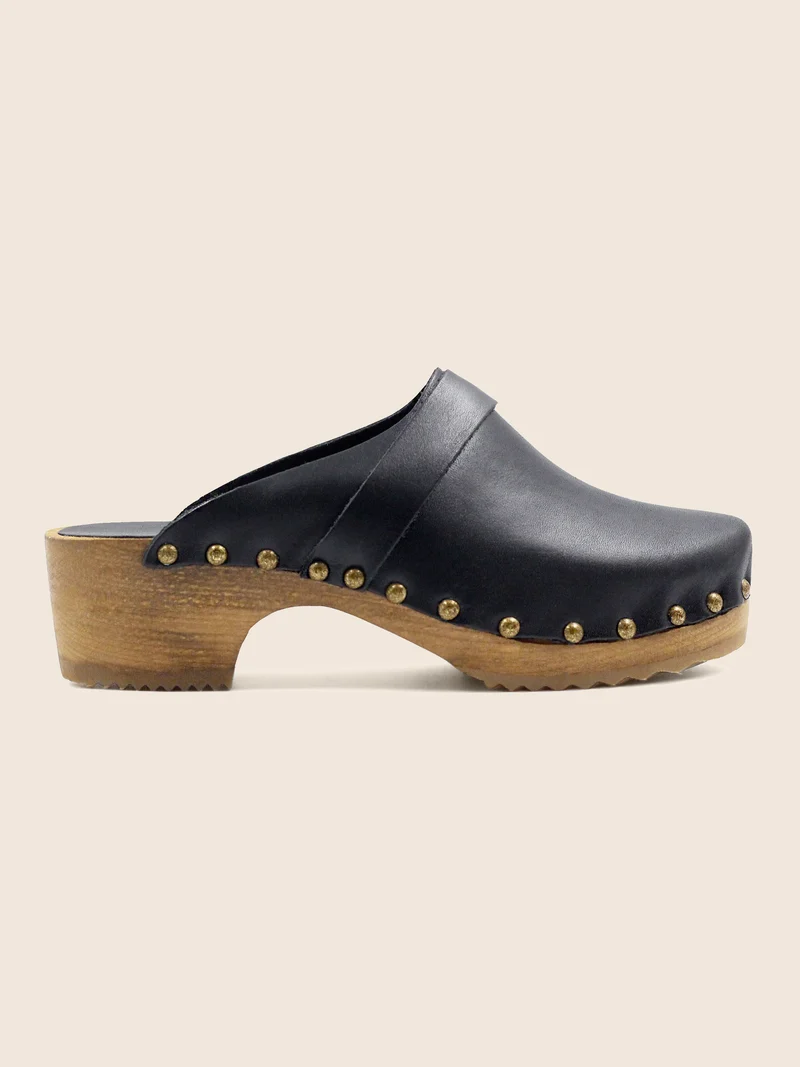 Sabots bois cuir noir