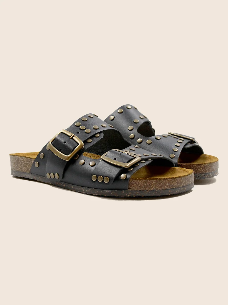 Mules liège clous cuir noir