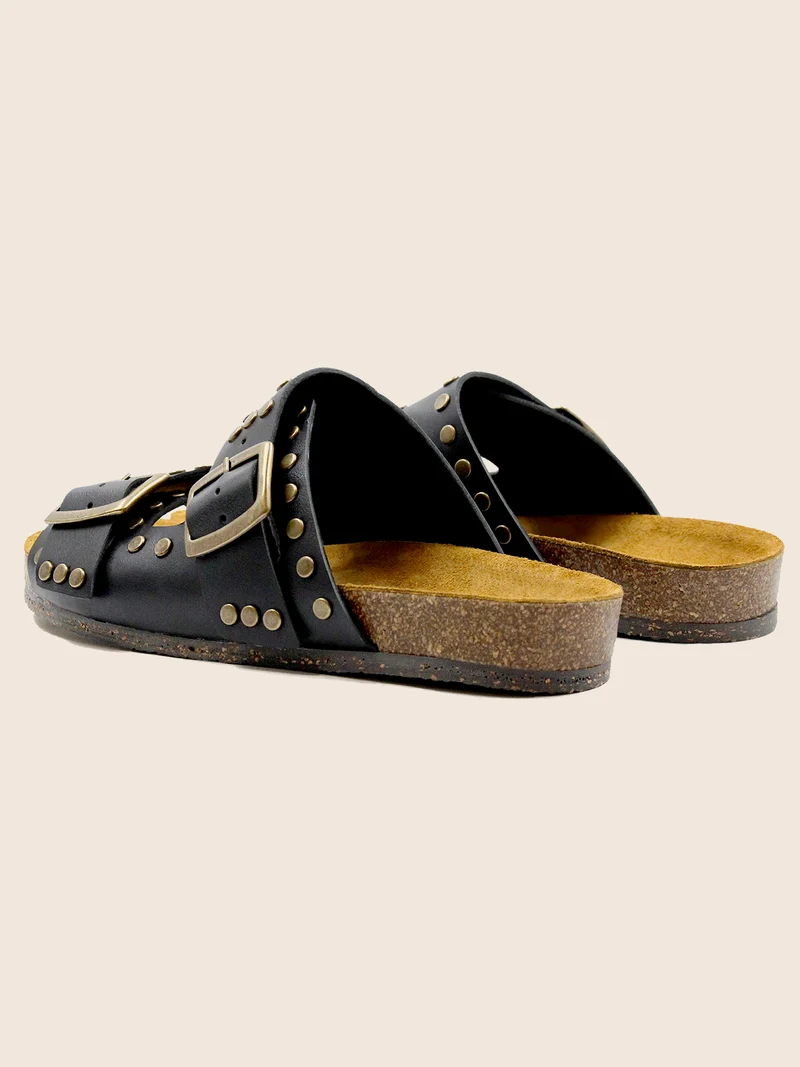 Mules liège clous cuir noir