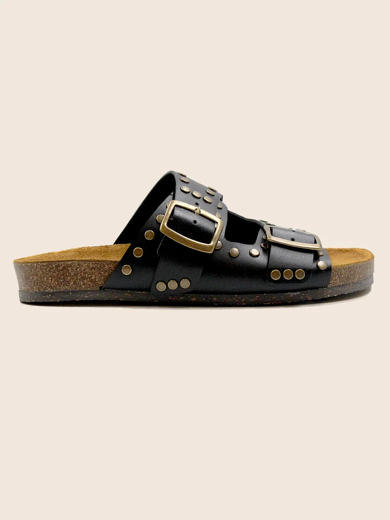 Mules liège clous cuir noir