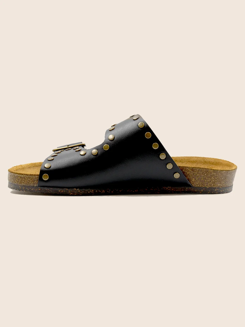 Mules liège clous cuir noir