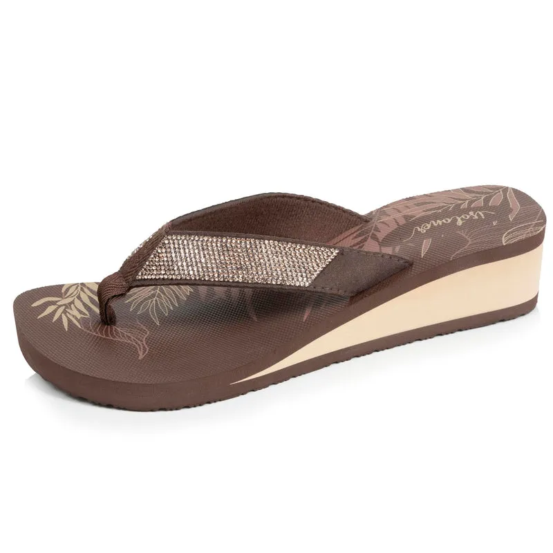 Tongs Femme perles à talon Doré/Marron