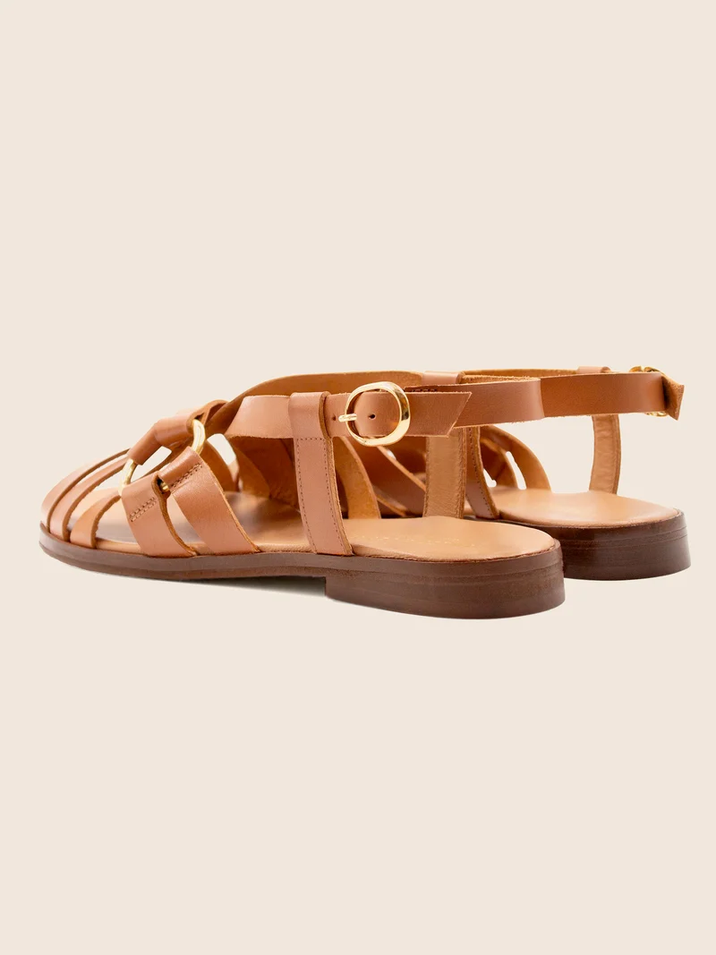 Sandales plates anneau cuir cognac