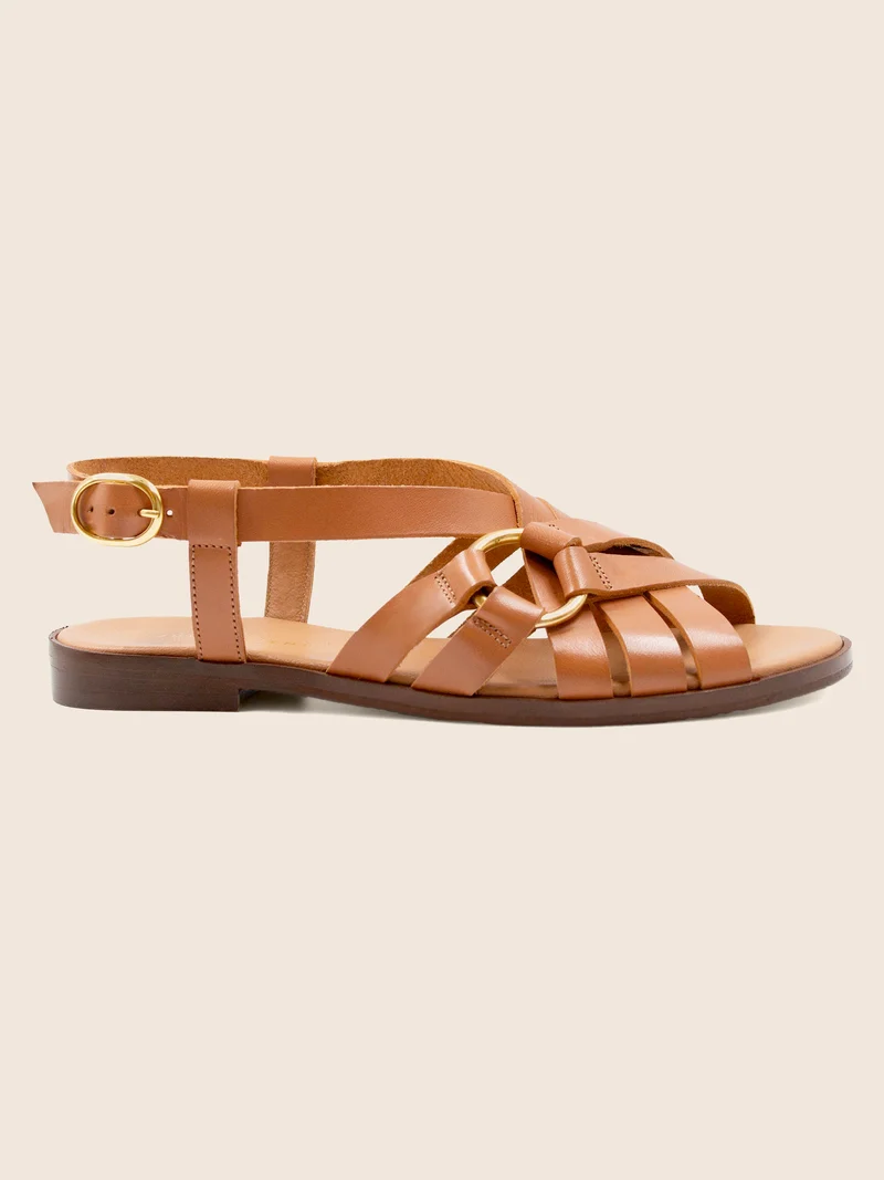Sandales plates anneau cuir cognac