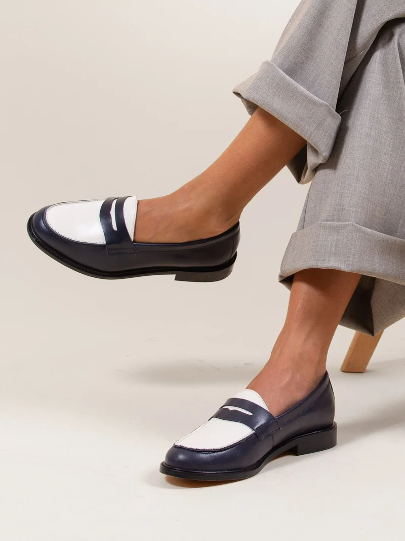 Mocassins cuir bleu blanc