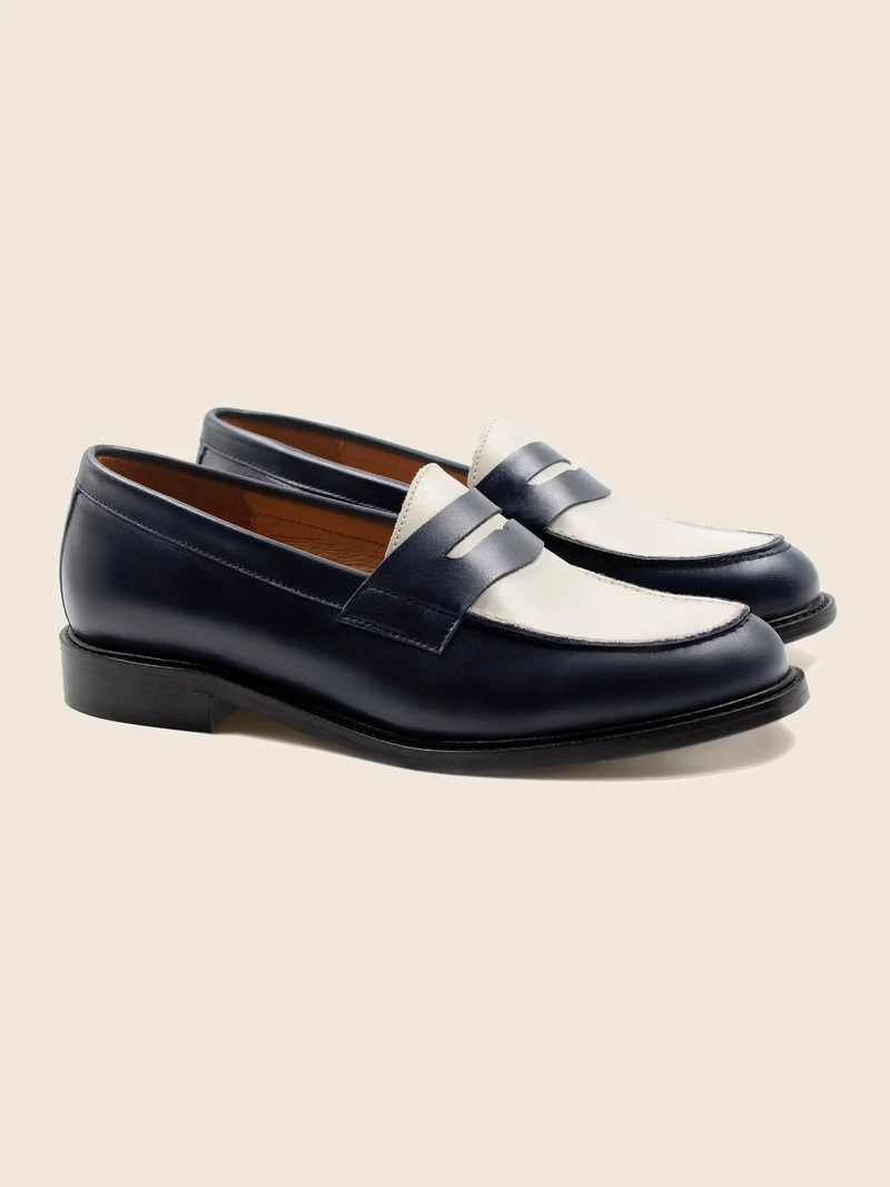 Mocassins cuir bleu blanc