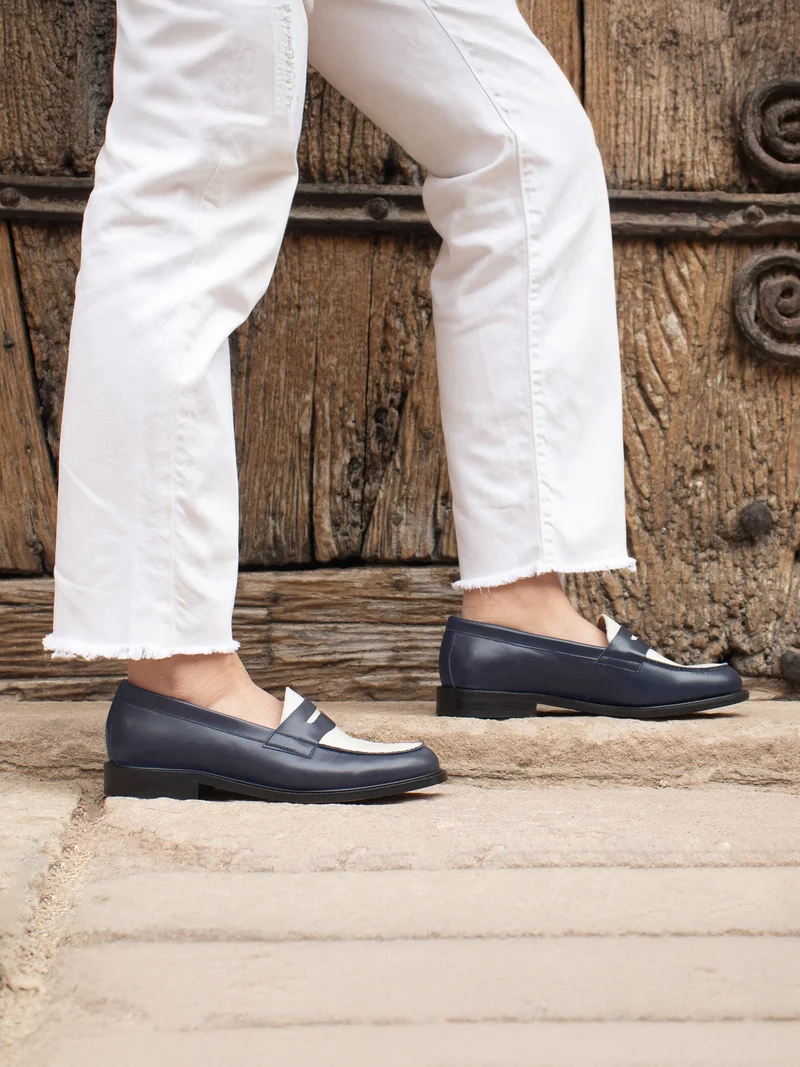 Mocassins cuir bleu blanc