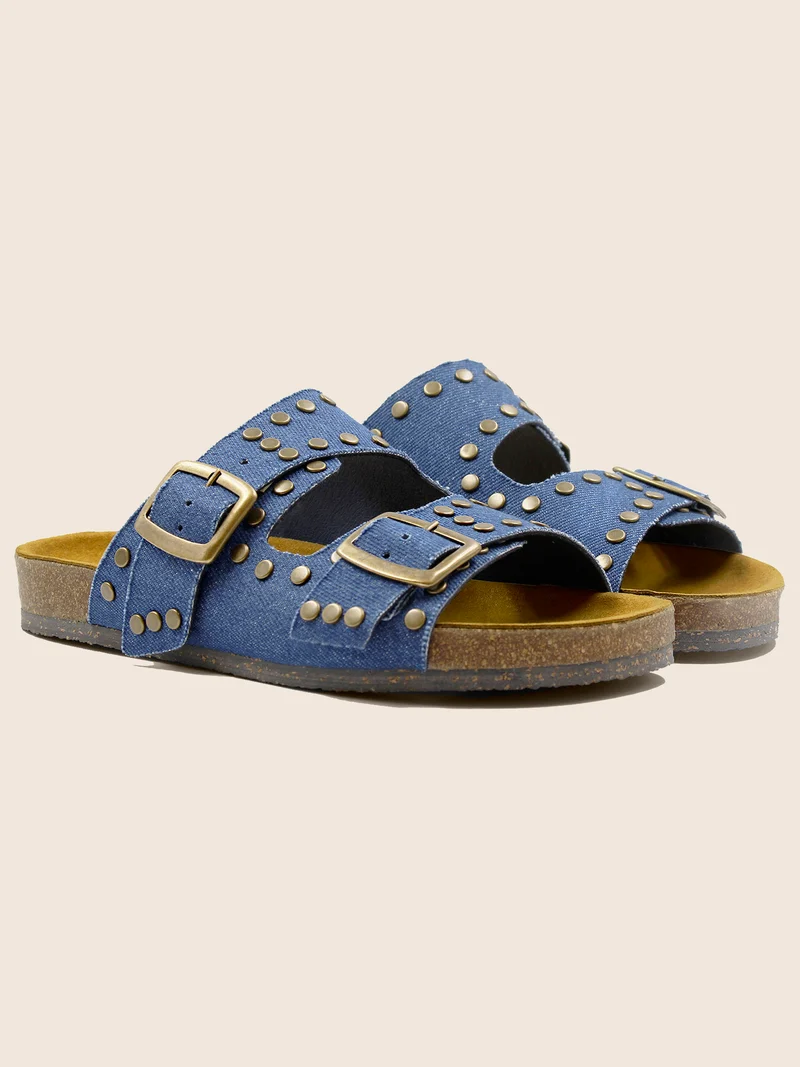 Mules liège clous toile jean bleu