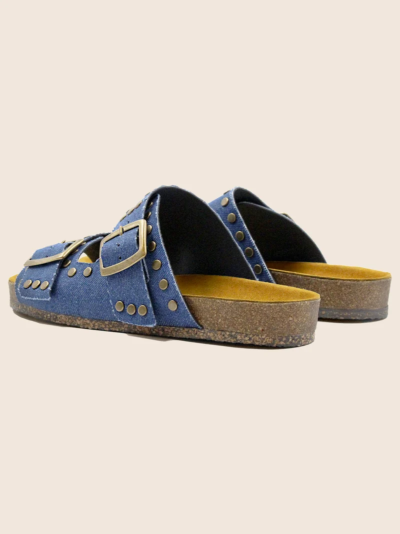 Mules liège clous toile jean bleu