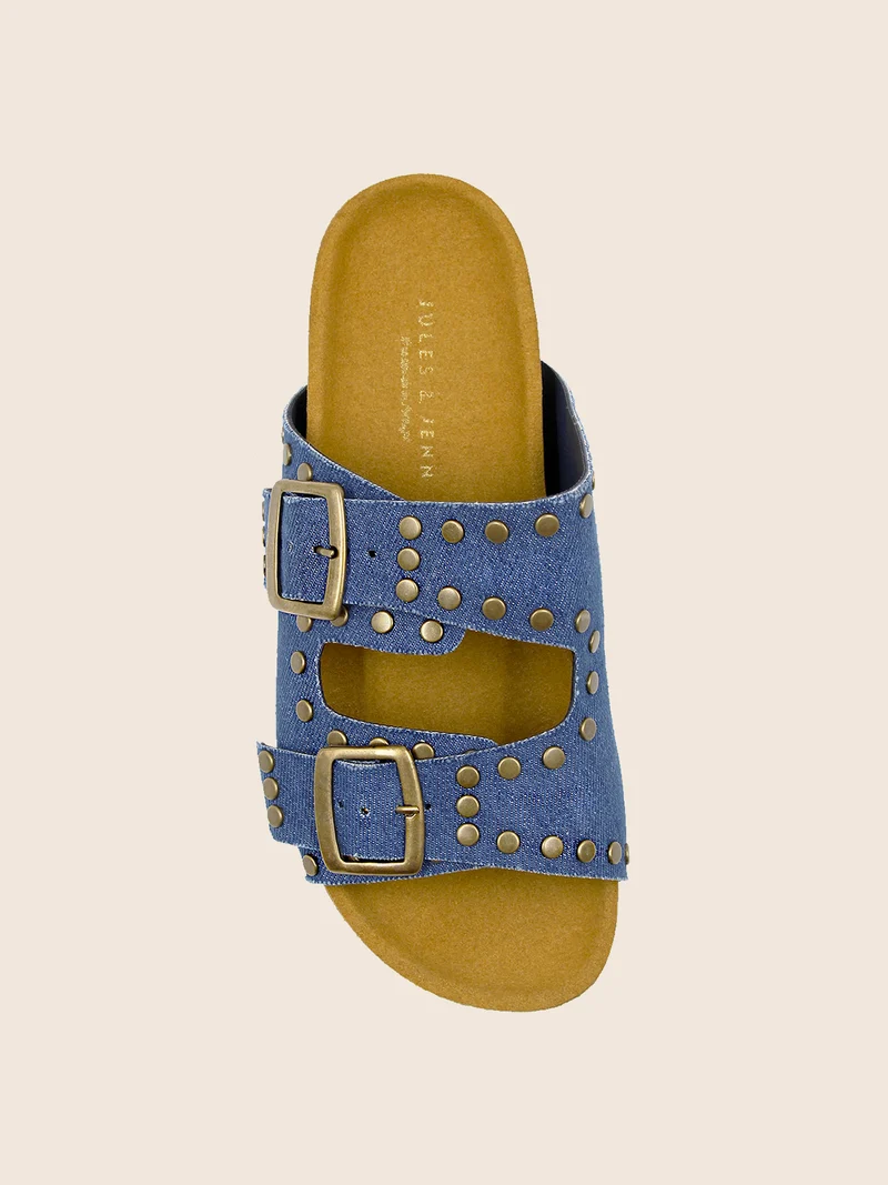Mules liège clous toile jean bleu