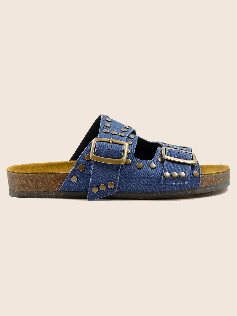Mules liège clous toile jean bleu