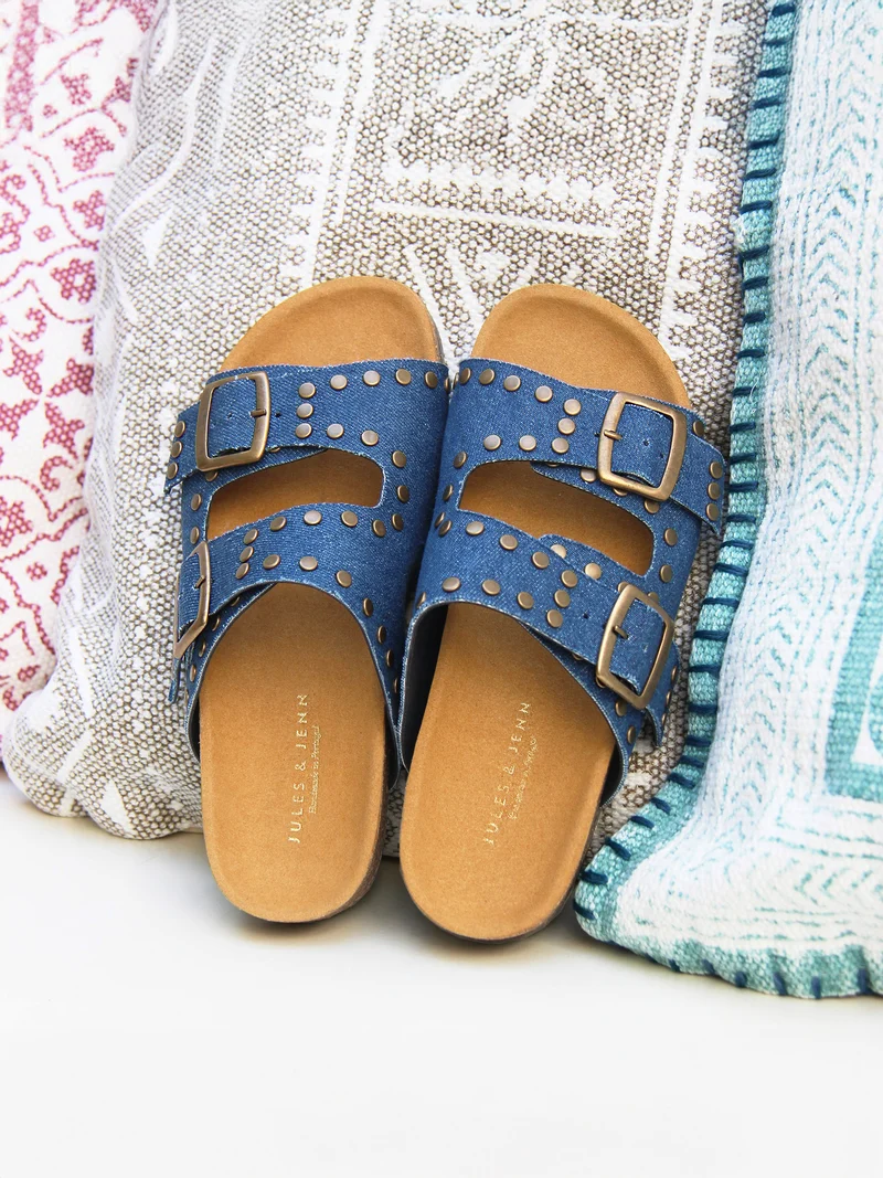 Mules liège clous toile jean bleu